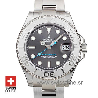 Buy Now Rolex Yacht-Master Rolesium Dark Rhodium Dial Replica Watch Features 904L Steel & Platinum Oyster Bracelet with Folding Lock & Ceramic Bezel