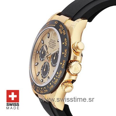 Rolex Daytona 18k Yellow Gold Ceramic Bezel Gold Dial Rubber Band 40mm Swiss Replica watch