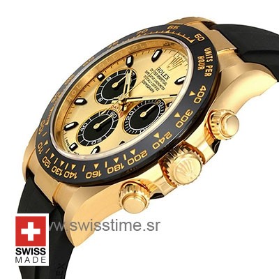 Rolex Daytona 18k Yellow Gold Ceramic Bezel Gold Dial Rubber Band 40mm Swiss Replica watch