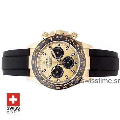 Rolex Daytona 18k Yellow Gold Ceramic Bezel Gold Dial Rubber Band 40mm Swiss Replica watch
